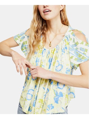 Женский желтый топ FREE PEOPLE с открытыми плечами и цветочным принтом с коротким рукавом и круглым вырезом S