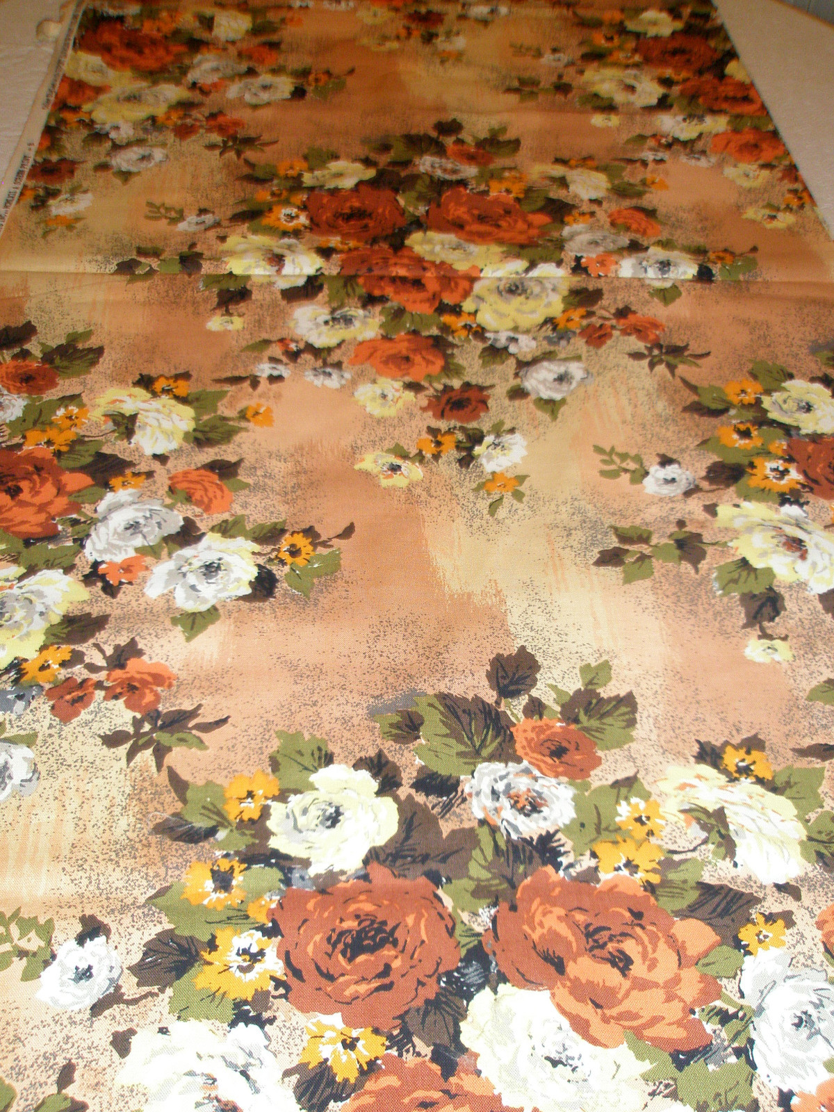 Vintage Drapery Fabric Floral Orange Brown Yellow Romance Pattern