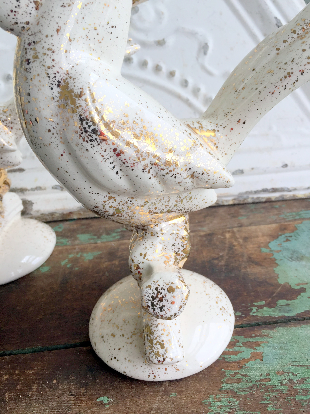 Retro Pair Mid Century Vintage White Gold Flecked Rooster/Chicken Modern