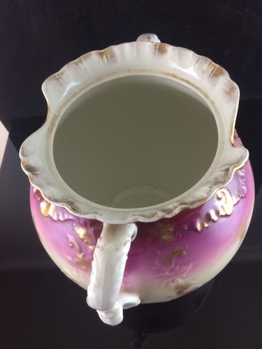 ANTIQUE MARKED HAND PAINTED HANDLED PINK GOLD PORCELAIN VASE