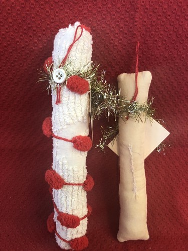 Primitive Handmade Candy Cane ornie of Vintage Quilt/Chenille~OOAK Christmas