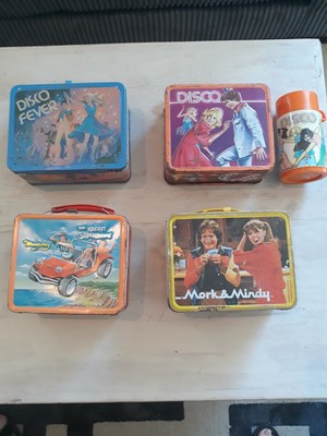 4 Vintage Metal Lunch Boxes/Thermos-Disco, Mork & Mindy, Kroft Supershow