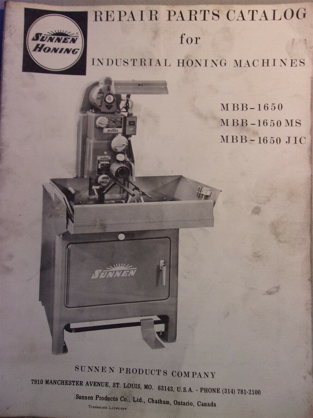 Sunnen Honing Parts Catalog Honing Machines MBB-1650 MS JIC Sunnen Honing Parts Catalog Honing Machines MBB-1650 MS JIC