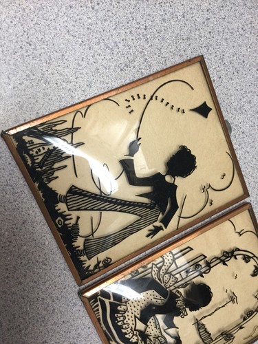2 vintage Children reverse painted convex glass silhouette pictures Kite Garden