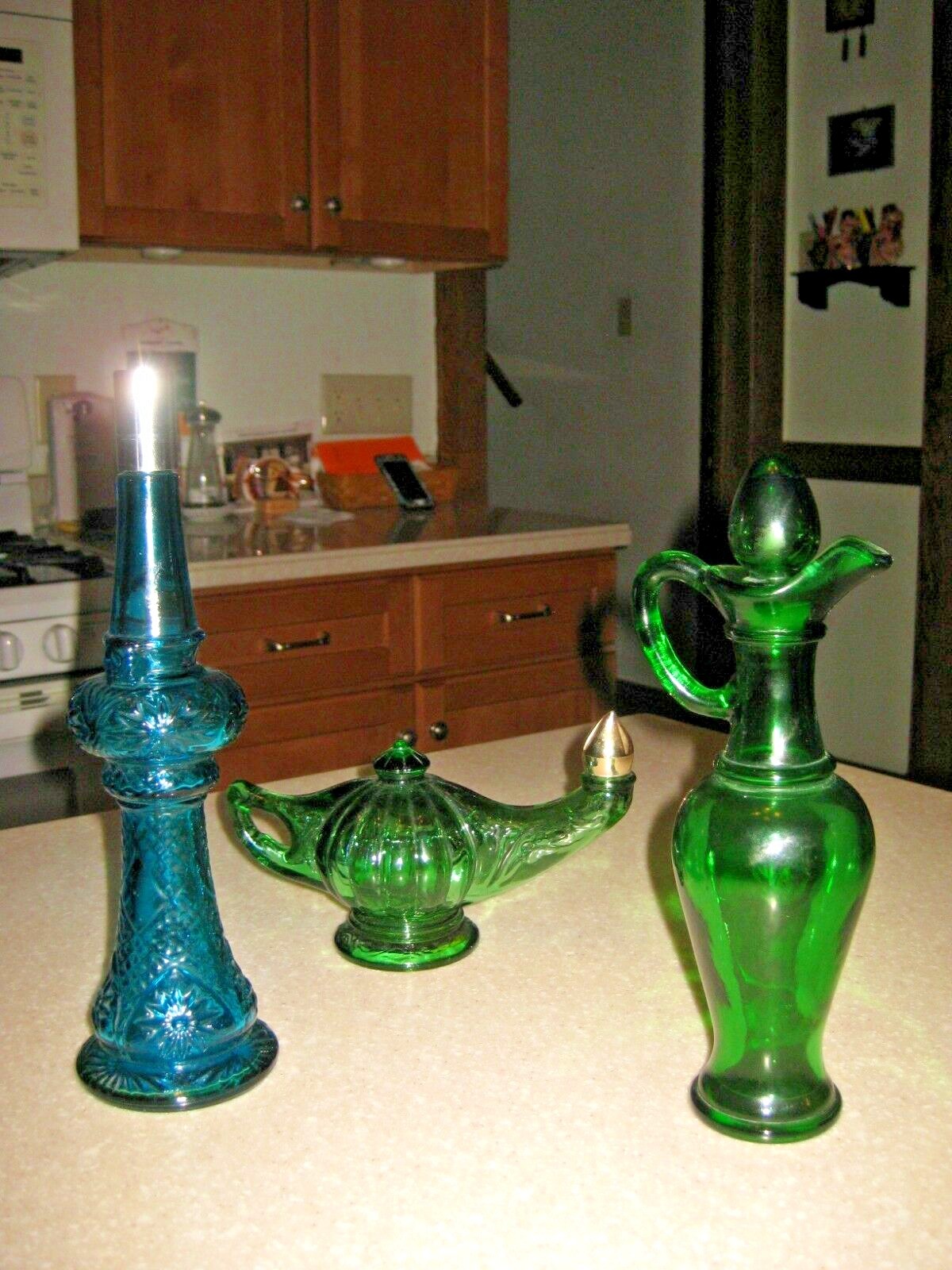 3 Vintage Avon Colored Glass: Nile Green Bath Oil Urn, Genie & Jeanne Bottles