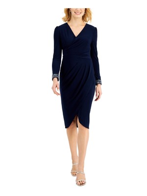 

ADRIANNA PAPELL Женское темно-синее платье с длинными рукавами ниже колена с тюльпаном, Navy