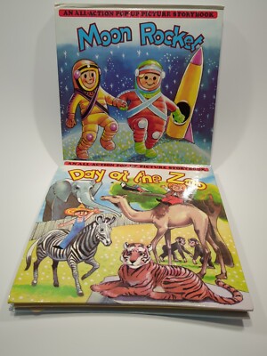 Vtg DAY AT THE ZOO & MOON ROCKET: An All-Action Pop-up PICTURE Storybooks 1st Ed