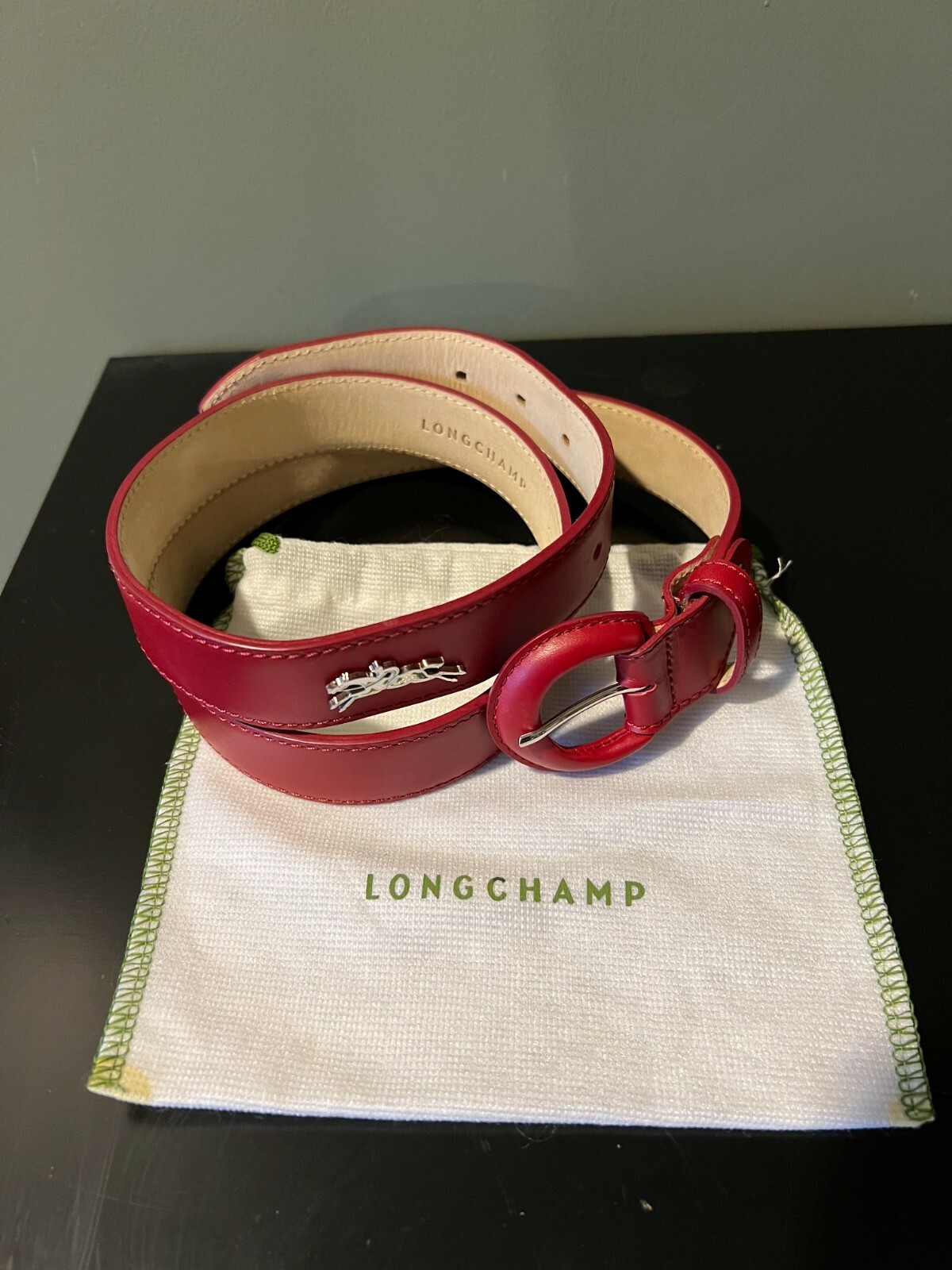 LONGCHAMP 赤 レザー ベルト NEW LONGCHAMP RED SILVER LOGO BUCKEL LEATHER BELT | eBay