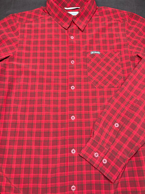 Columbia Mens Button Front Long Sleeve Cotton Red Black Plaid Logo Shirt Small S