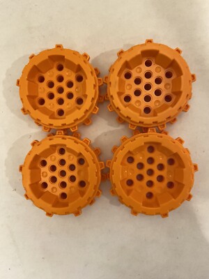(4) LEGO Hard Plastic Wheel w/ Cleats- Orange- #64711