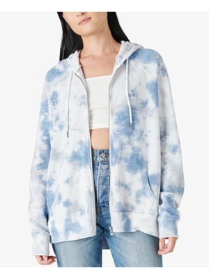 

LUCKY BRAND Женский синий топ с капюшоном и длинными рукавами в рубчик на молнии и шнурке