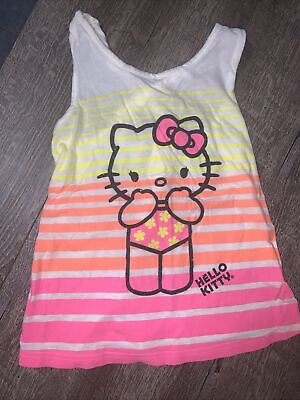 Girl's Hello Kitty White Neon Pink Orange Racer Back Tank Top Shirt L 10/12