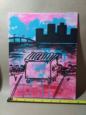 Hand Painted canvas  art 8x10 City View Dumpster/trash Can