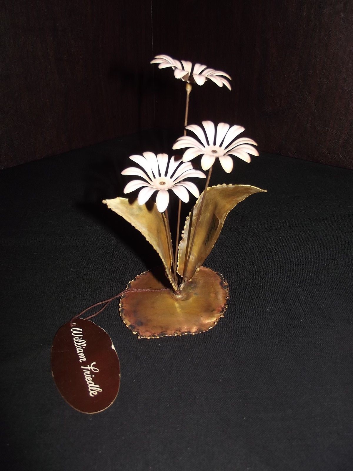 WILLIAM FRIEDLE NY SIGNED BRASS SCULPTURE PALE PINK FLOWERS