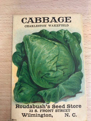 ANTIQUE 1918 CABBAGE SEED PACKET / ROUDABUSH SEED STORE, N.C.