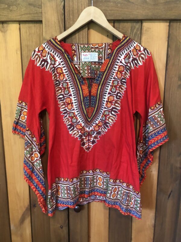 Vintage Orig. 70s Dashiki Angel Sleeves 100% Cotton Hippy Boho Ethnic S Red