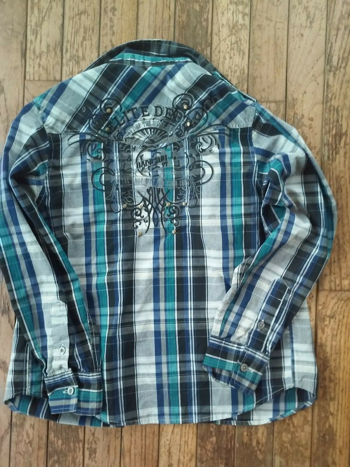 BOYS SHIRT, SZ MED,WESTERN/GOTHIC BLUE/BLACK PLAID,BLACK SCROLL GRAPHIC,STUDS