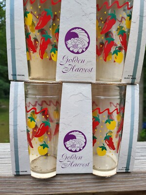 2 NOS Vtg 8 ANCHOR HOCKING Yellow Red PEPPER GOLDEN HARVEST 16OZ. GLASS TUMBLERS