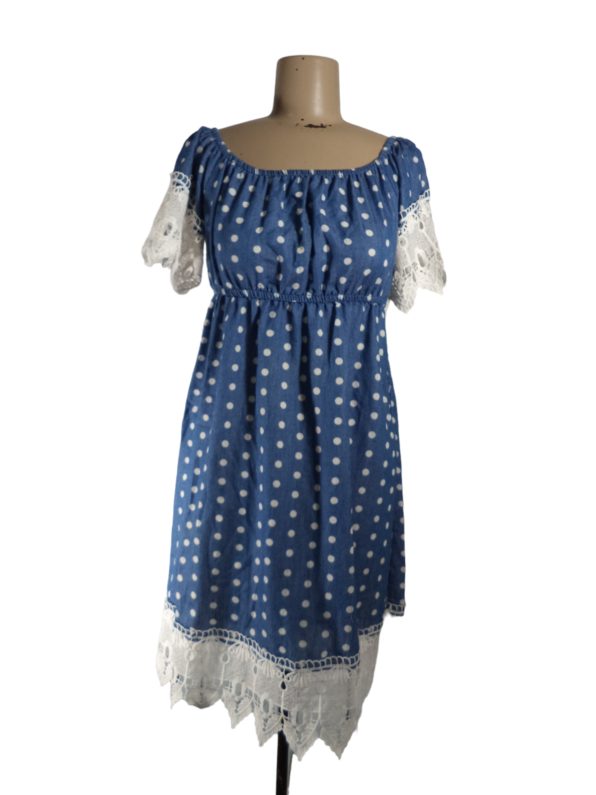 Chambray Denim Polka Dot Lace Edge Dress Country Chic | eBay