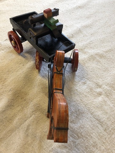 Vintage Folk Art Wood Horse Attached to Wood Buggy