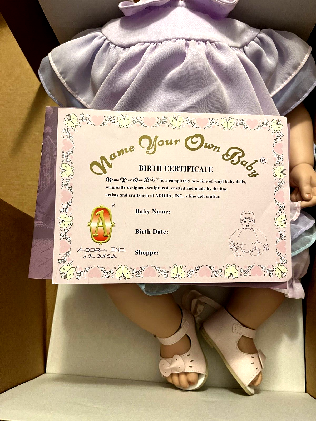 ADORA Name Your Own Baby. Blonde Hair, lavander  Dress Certificate with box 2005
