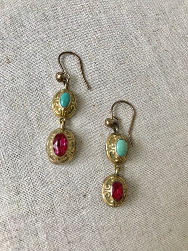 Vintage Antique Georgian Turquoise and Pink Tourmaline Hanging Earrings, UK