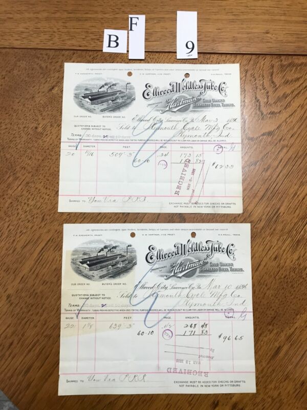 2 letterheads, Ellwood City, Pennsylvania, Weldless Tube Co, bicycle related.