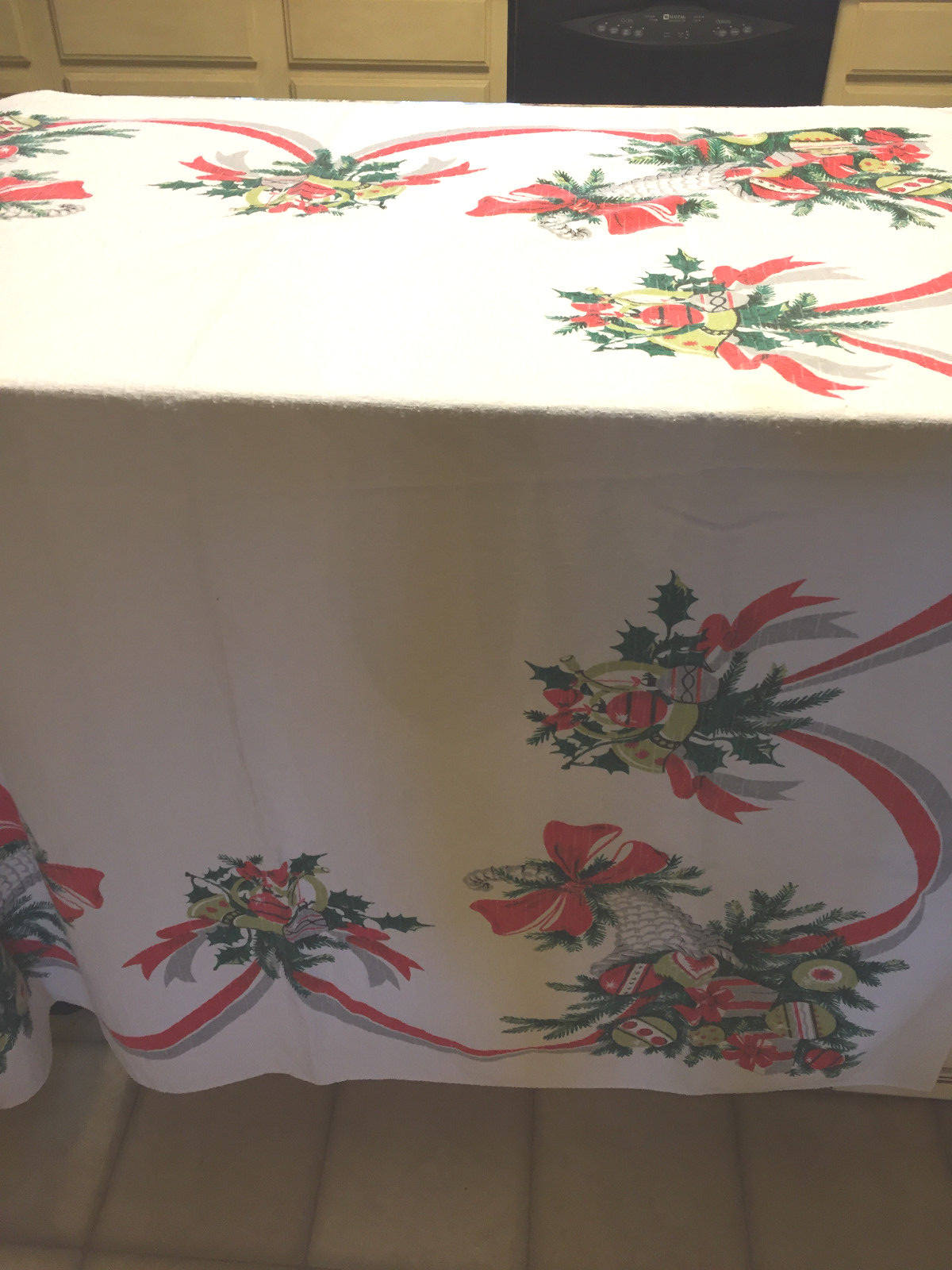 Christmas tablecloth MCM shiny brite ornaments gray red 56 x 52