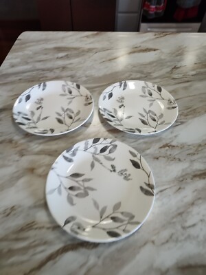 3 Corelle Boutique MISTY LEAVES 8 1/2   Luncheon  plates Grey Leaves
