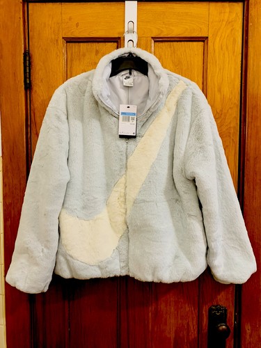 Nike faux fur plush swoosh full zip oversized jacket gray DO3791-025 NWT size M
