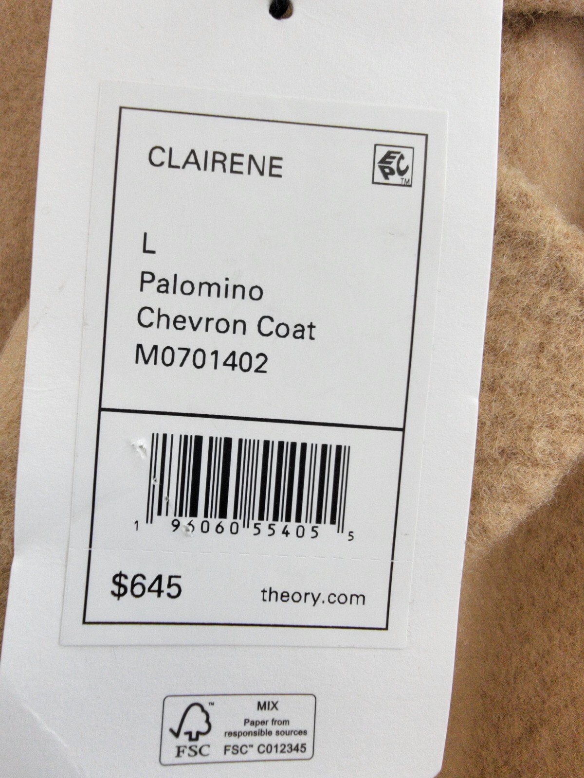 Pre-owned Theory Clairene Chevron Wool Coat Women's L Palomino Open Front Long Sleeve
