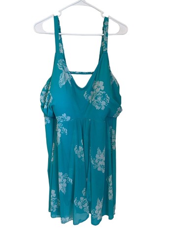 Catherines Aqua Floral One Piece Swim Dress Swimsuit Size 28W