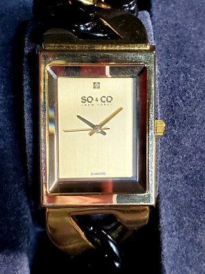 Unique SO&CO New York Diamond Gold & Black Unisex Chain Link Quartz Watch NIB
