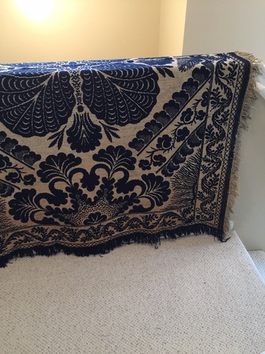 ANTIQUES 1800’s NAVY AND CREAM LARGE WOOL COVERLET, EXCELLENT CONDITION