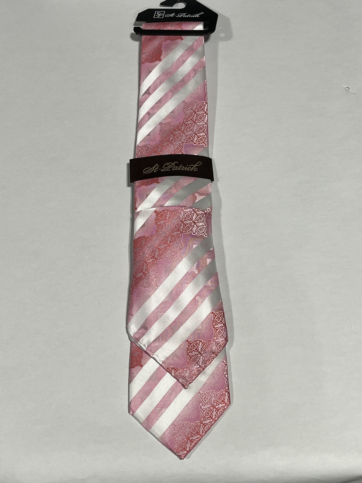 Mens St Patrick Pink White Stripe Pattern Tie With Matching Pocket Square NEW
