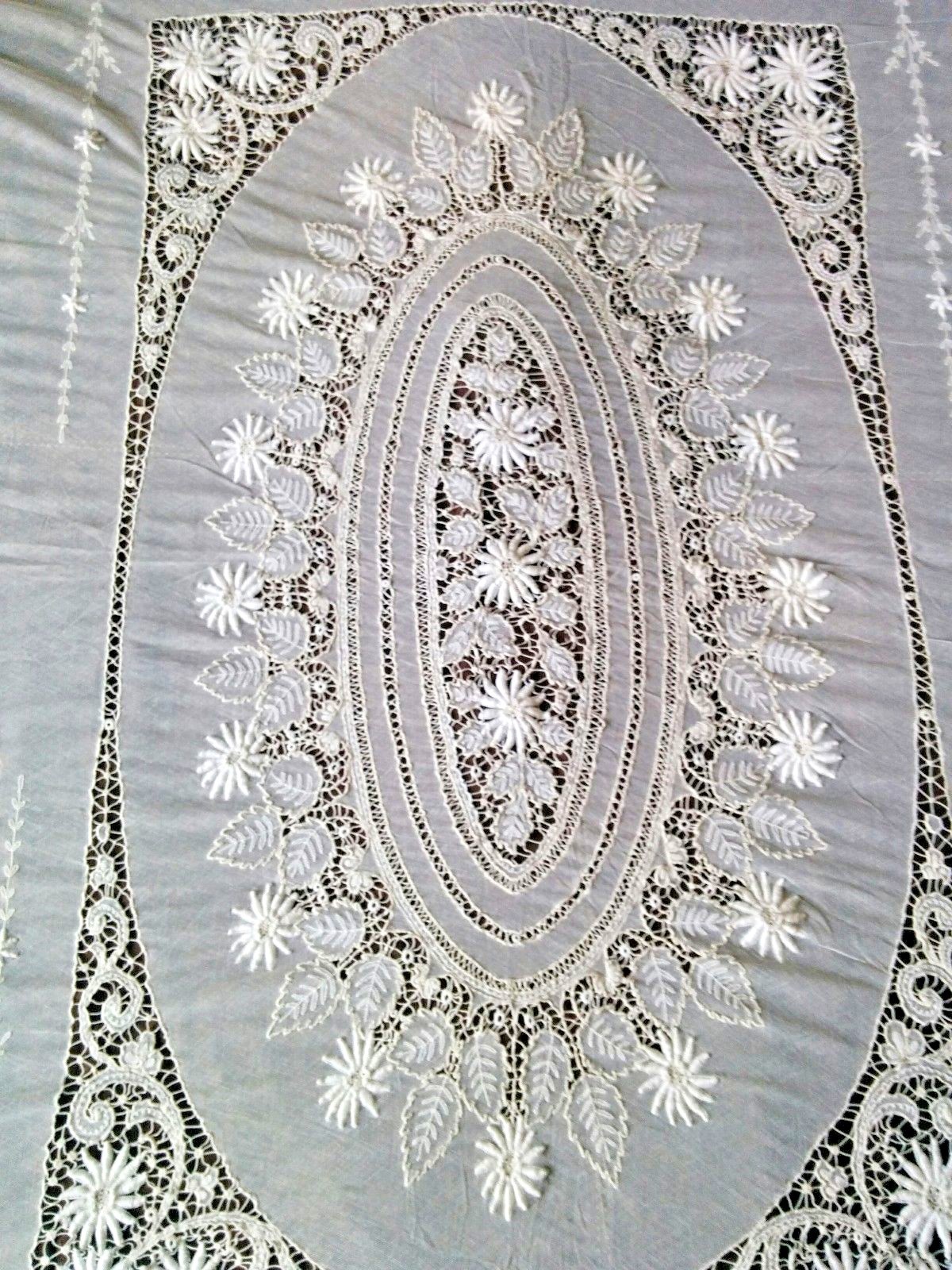 Antique  FRENCH TAMBOUR EMBROIDERED NET LACE Bedspread  Coverlet 95'' x 67''