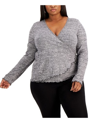 REBELLIOUS ONE Womens Gray Stretch Tie Ribbed Long Sleeve Surplice Neckline