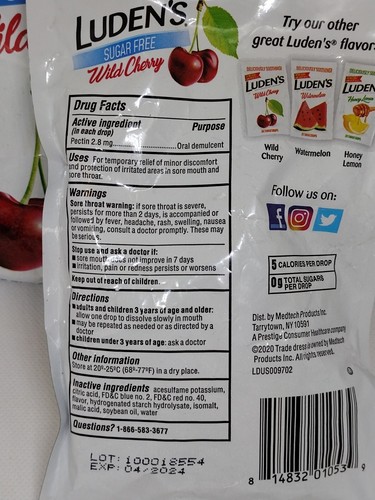 Lot of 2 Luden's Sugar-Free Throat Drops, wild cherry flavor. 25 drops each.