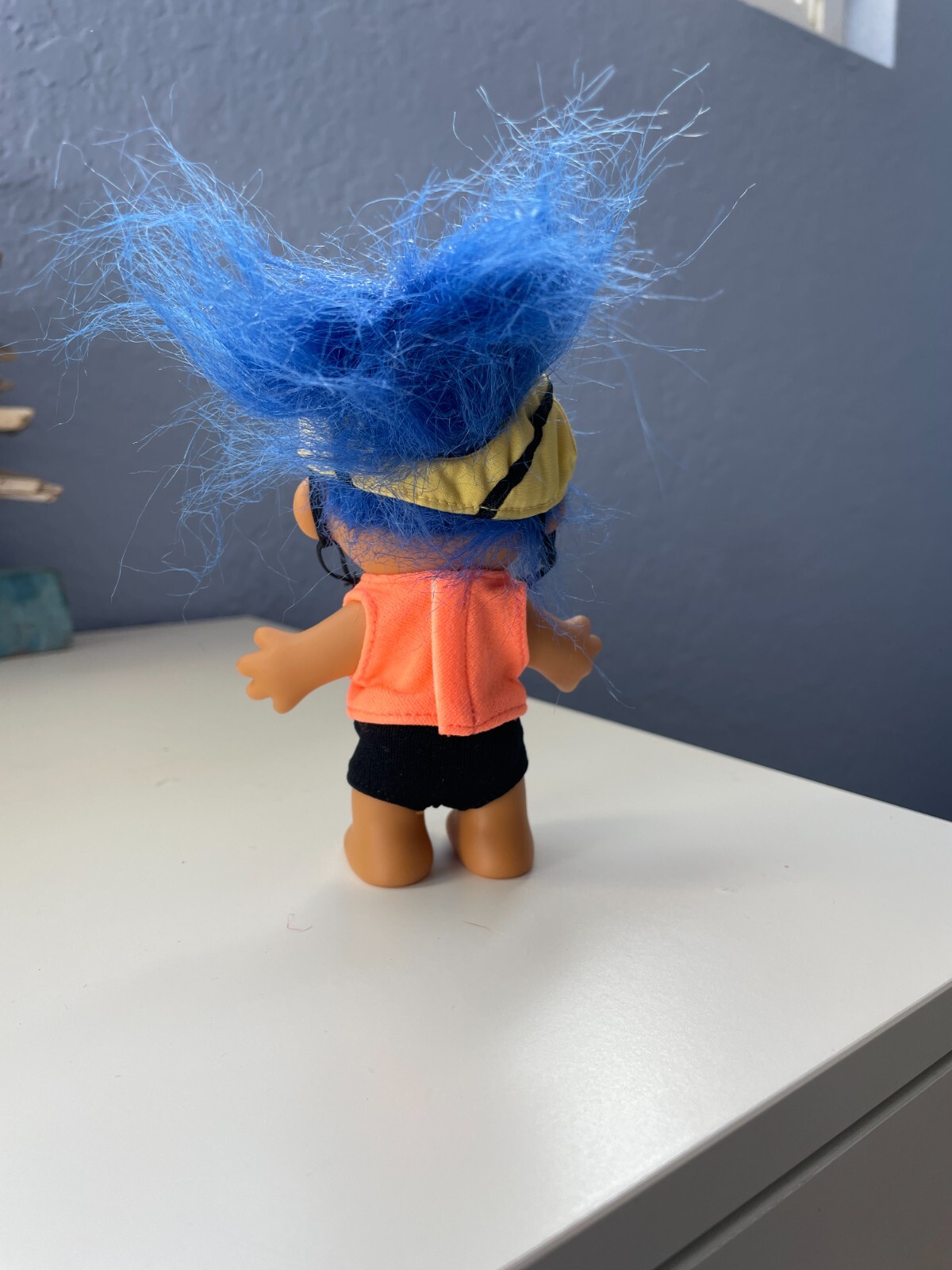 Vintage Russ Troll Doll 5" - I Love Biking - sport Biker w/ Helmet blue hair