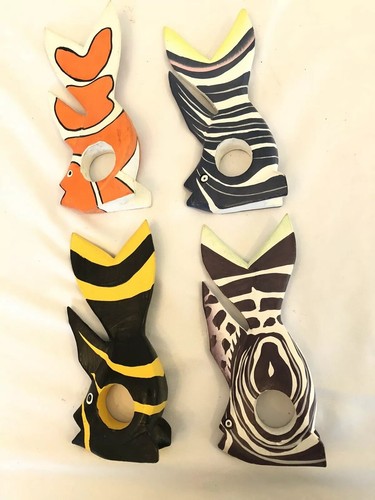 Hand Painted Crafted Tropical Fish Coasters Napkin Ring Set Of 8 Made In Bali