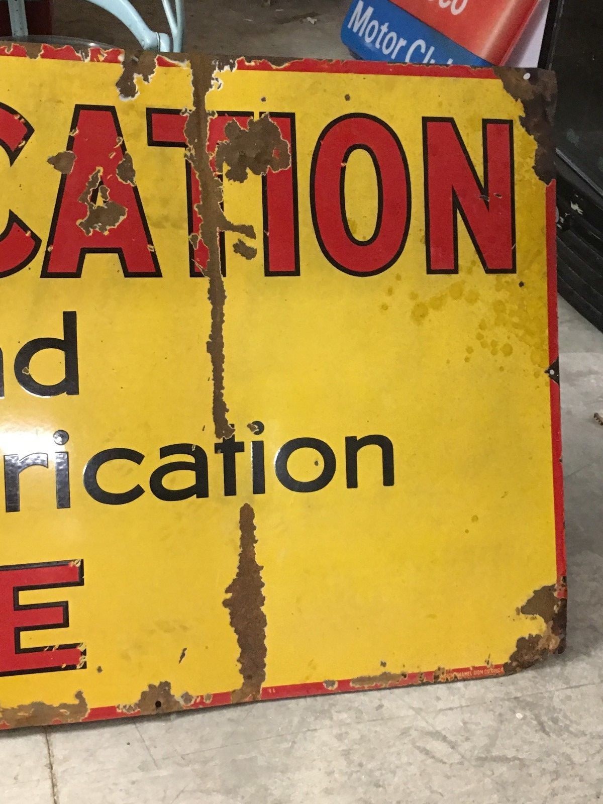 LARGE ORIGINAL Vintage SHELL SHELLUBRICATION Porcelain SIGN Gas Oil Patina OLD