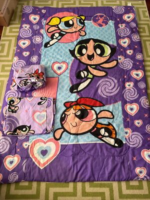 Powerpuff Girls Twin Bed 3 Piece Sheet Set Purple Cartoon Network 2000 VTG USA
