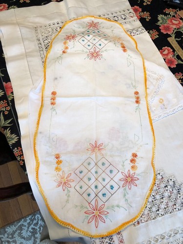 VTG French Knot & Hand Embroidered Crocheted Edge Table Runners  ~ Lot Of 3 BOHO