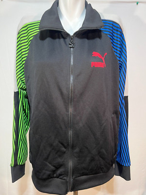 Puma Men's Dazed Large T7 Track Jacket Black Green Blue Striped New NWT
