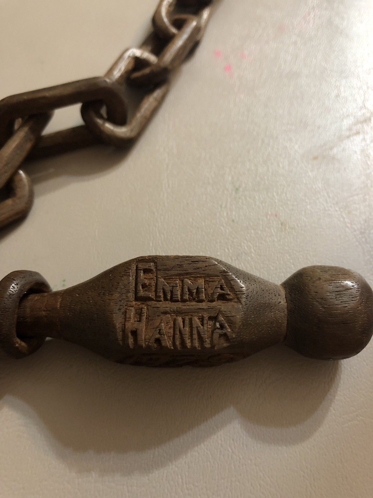 Vintage Hand Carved Wooden Chain with etching Nov 24, 1928 Emma Hanna S01