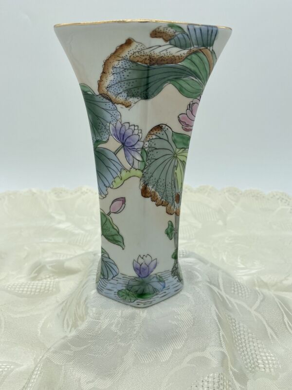 Vintage Porcelain Vase Macau Hand-painted on Chinese Porcelain 14" Lotus Flower