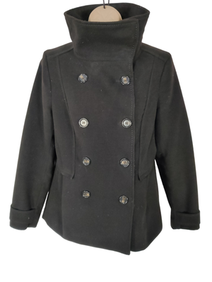 WOMENS H M SIZE UK12 BLACK DOUBLE BREASTED HIGH COLLAR MILITARY