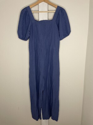 Mango MNG Jumpsuit Size S Blue Puff Sleeve Wide Leg Square Neck Linen Blend