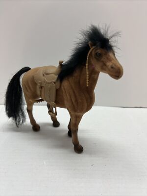Vintage Toy Plastic Chocolate Brown Flocked Horse Fur Mane 7  Tall with Saddle