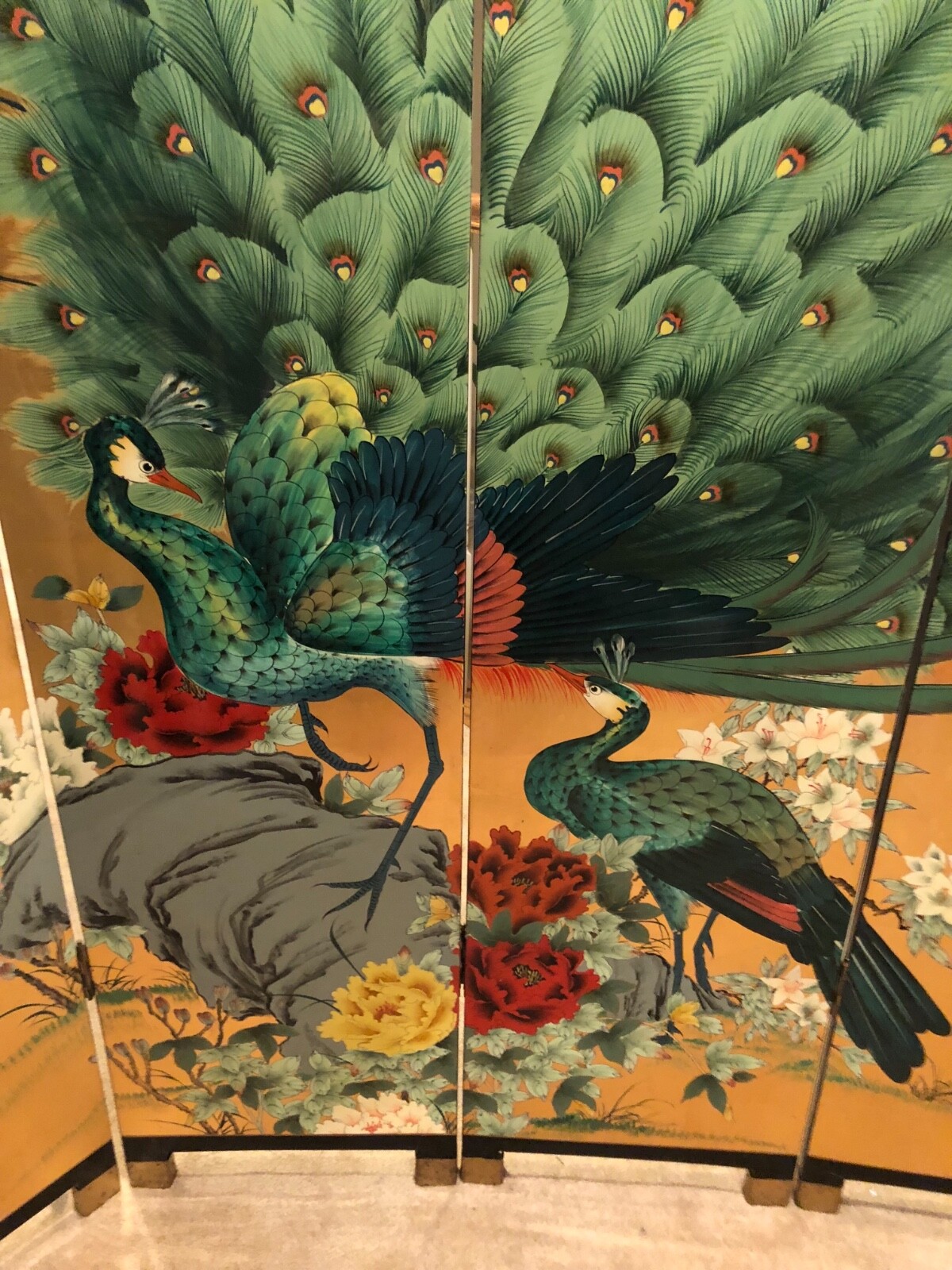 Antique Asian 4 panel room divider 64” wide x 72” tall peacocks & cherry blossom
